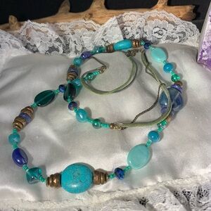 TURQUOISE BLUE GLASS COPPER MULTI STRAND  NECKLACE
